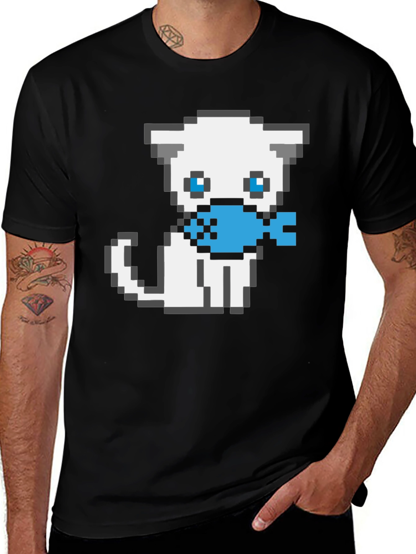 Variant 3 of Pixel Cat Holding Fish Graphic T-Shirt