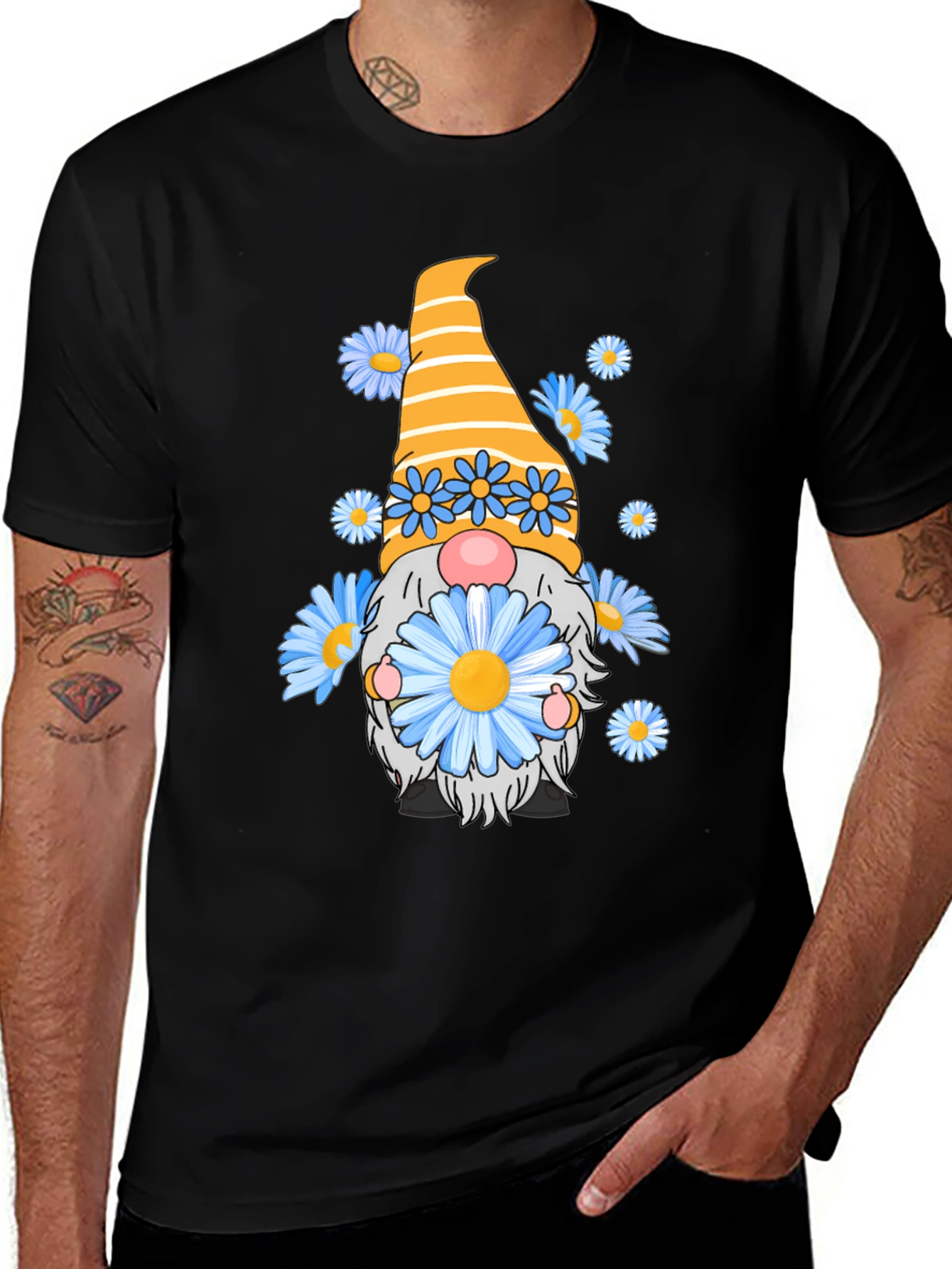 Variant 20 of Gnome with Flowers Black T-Shirt