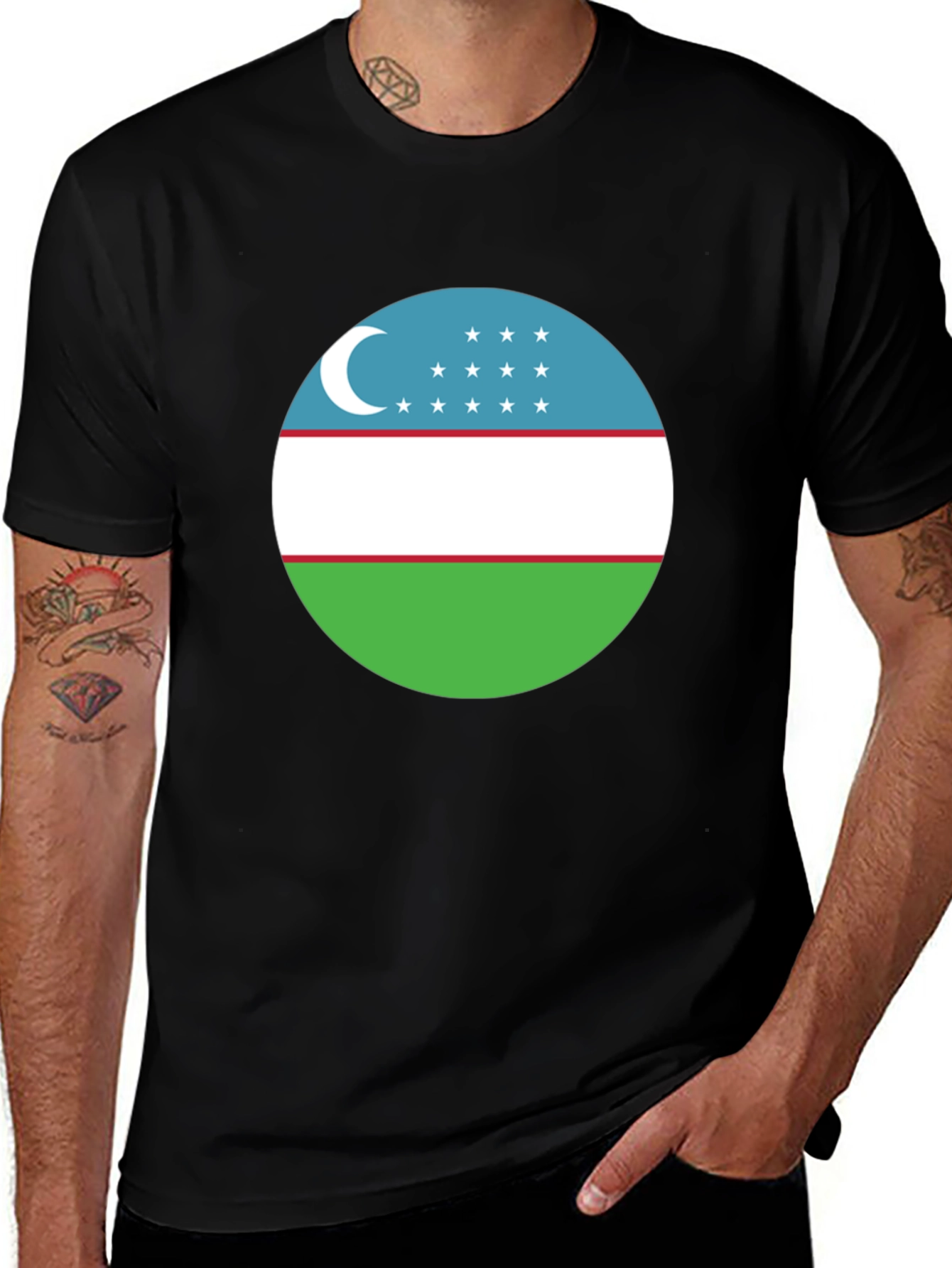 Variant 21 of Uzbekistan Flag T-Shirt - Black Cotton Tee