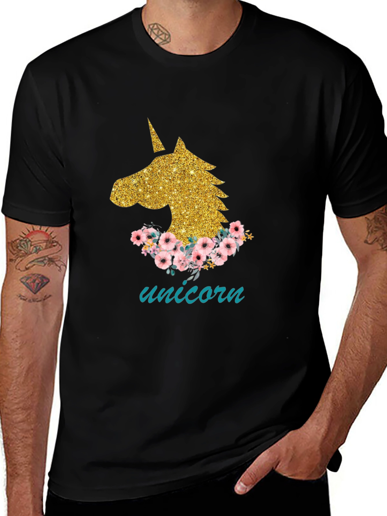 Variant 26 of Unicorn Graphic Tee - Floral Glitter Design