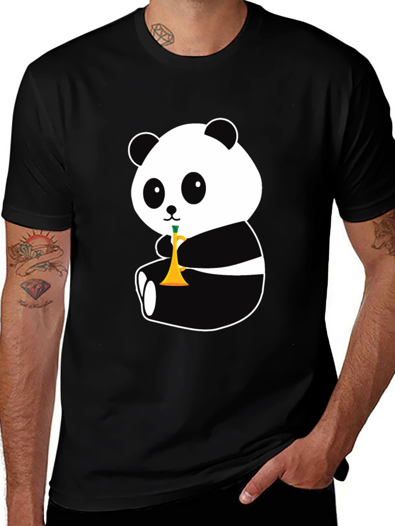 Variant 17 of Panda Trumpet Black T-Shirt - Cute Cartoon Design