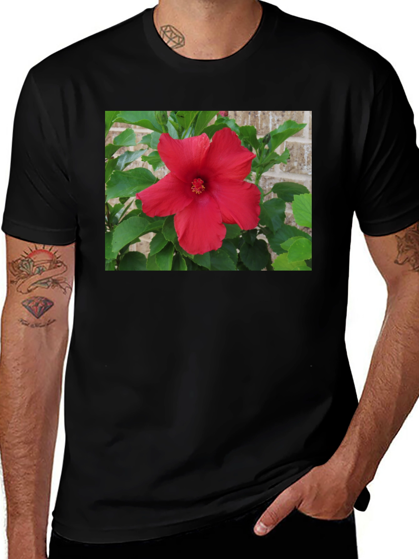Variant 29 of Red Hibiscus Flower Graphic Tee - Black Cotton T-Shirt