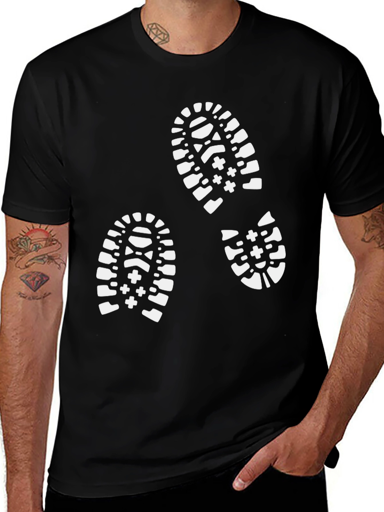 Variant 29 of Black T-Shirt with White Footprint Design