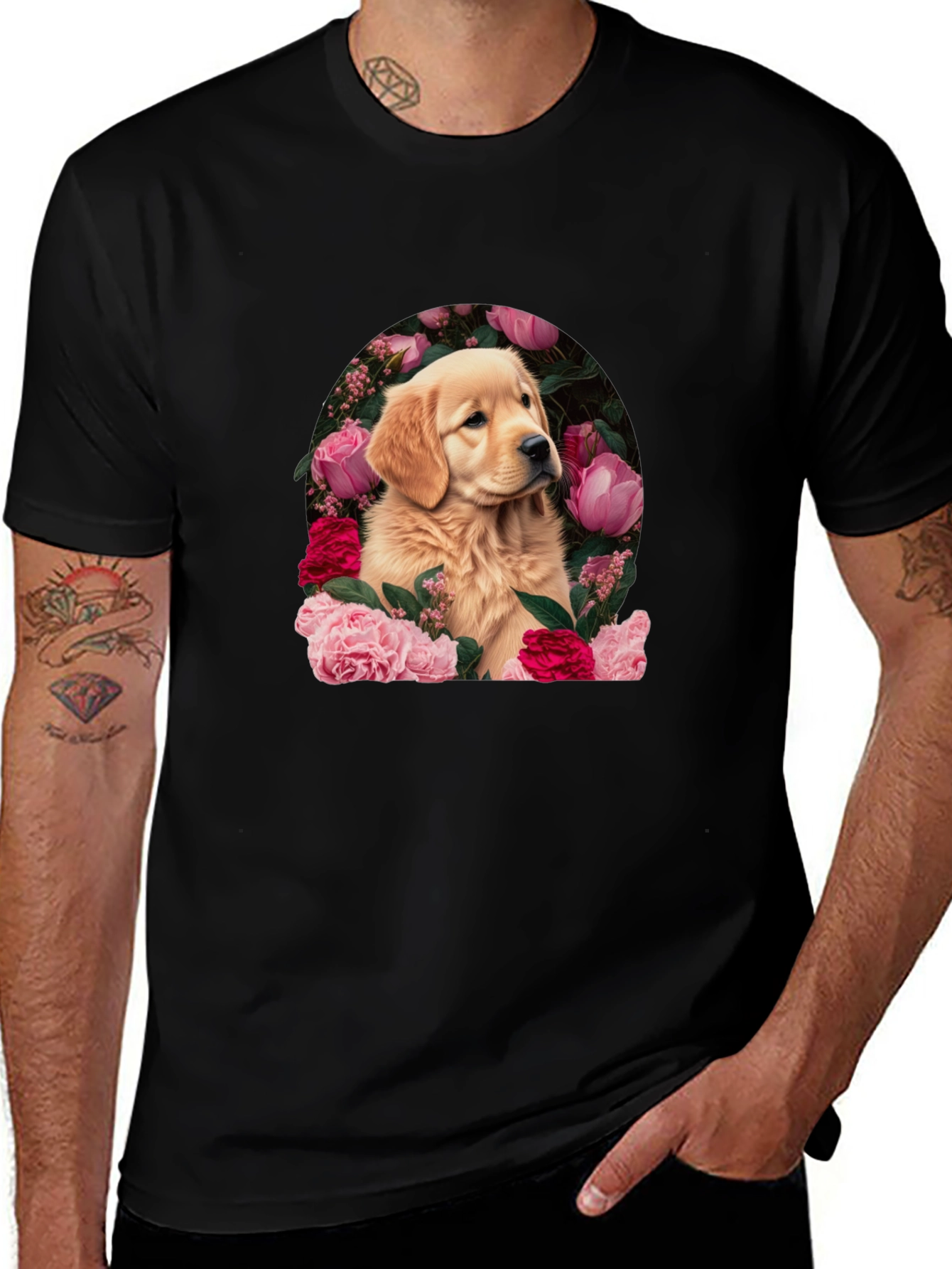 Golden Retriever & Floral Black T-Shirt