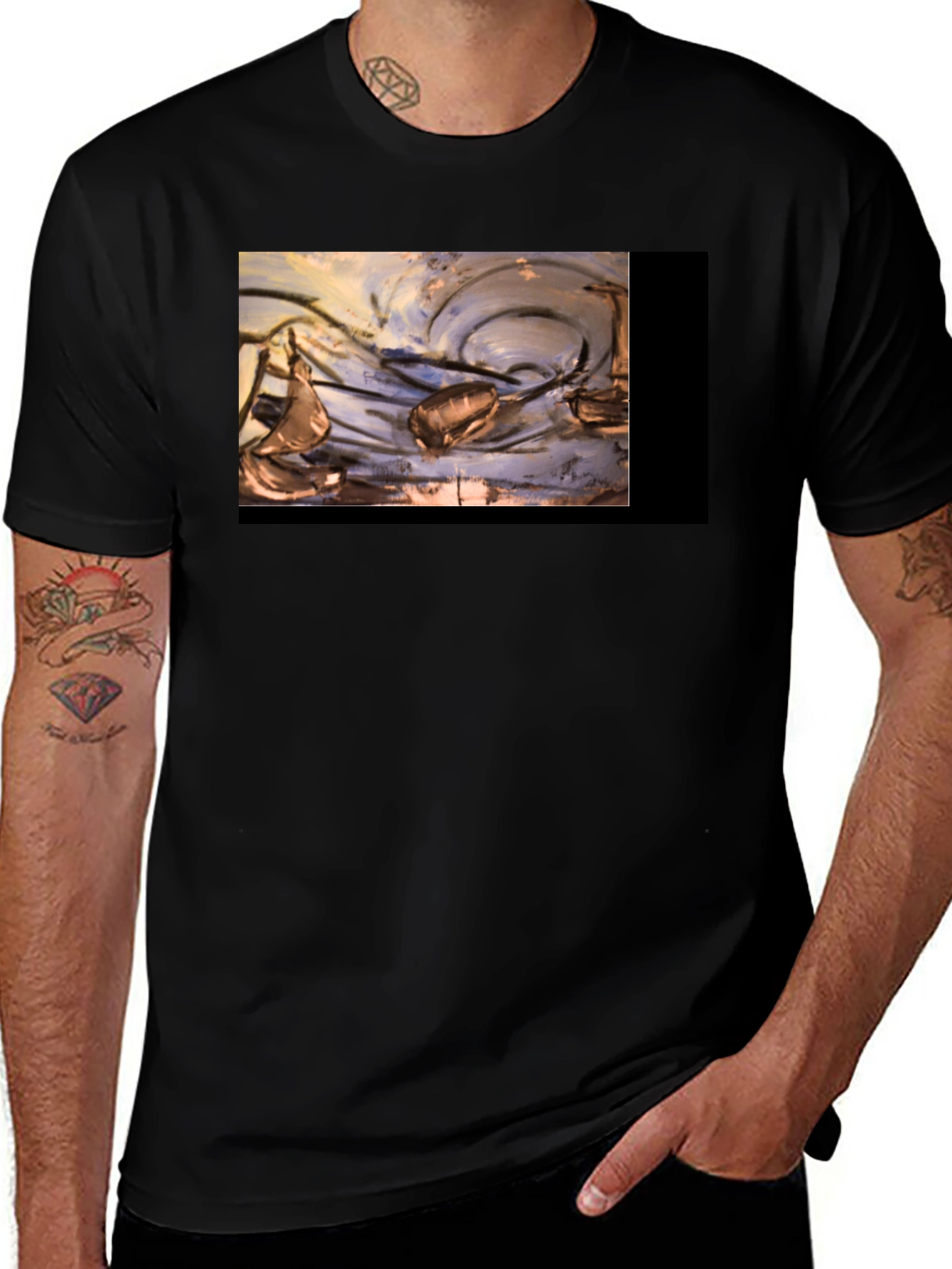Variant 27 of Artistic Black T-Shirt with Abstract Boat Design