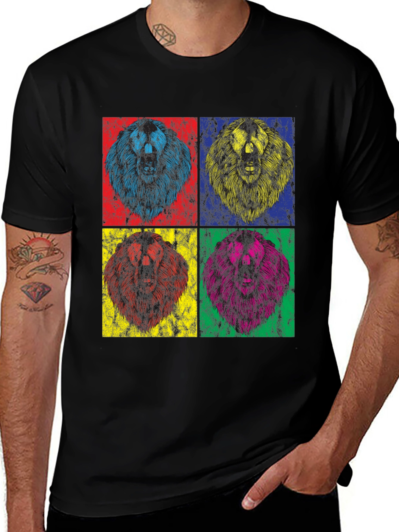 Variant 19 of Pop Art Lion Graphic Tee - Black Cotton T-Shirt