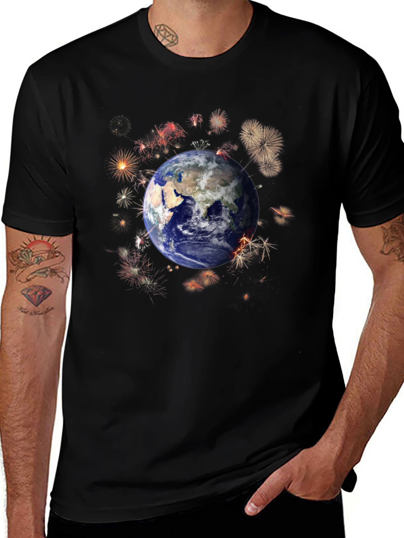 Earth Fireworks Graphic Black T-Shirt