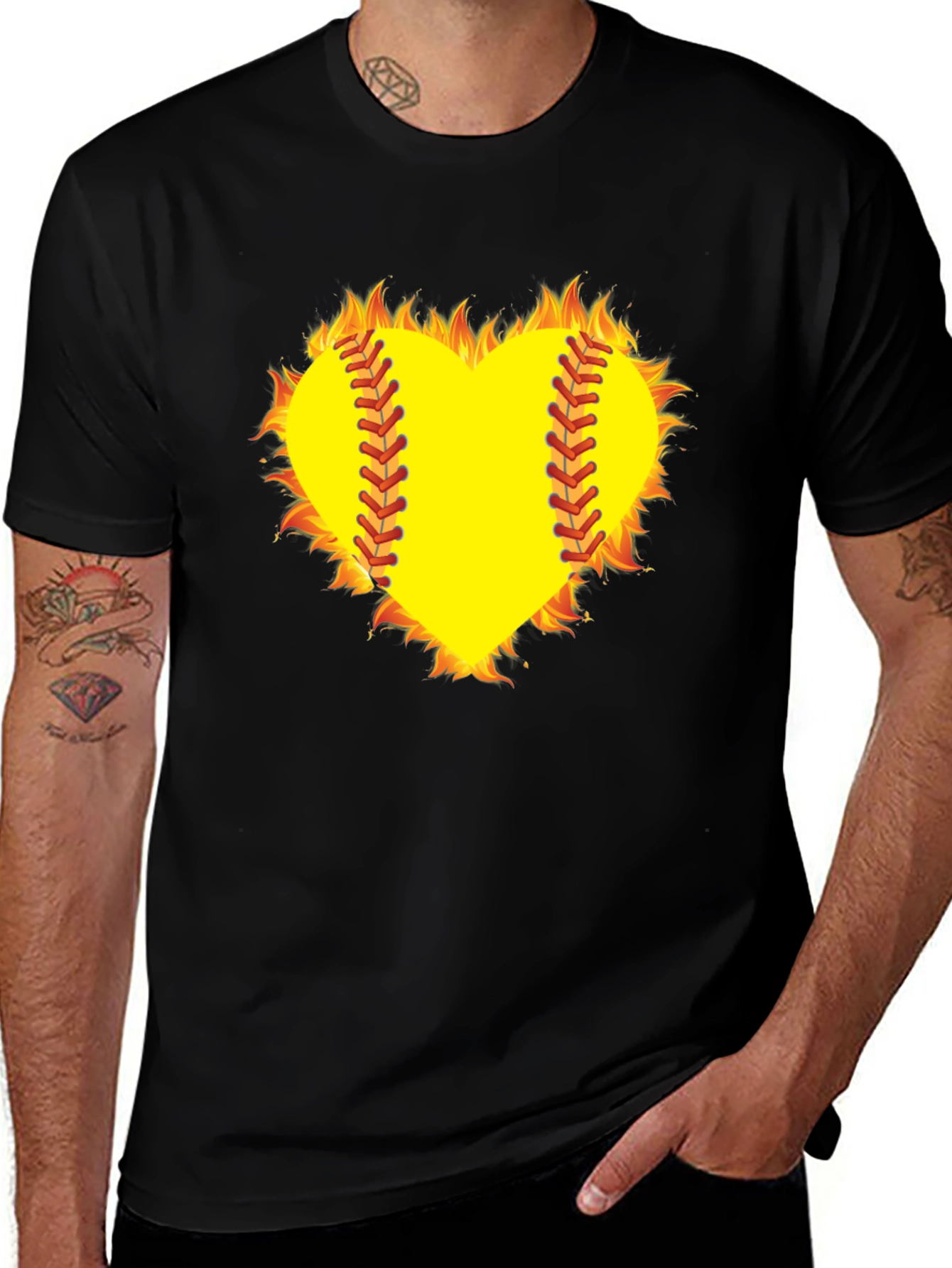 Variant 15 of Fiery Softball Heart T-Shirt - Black