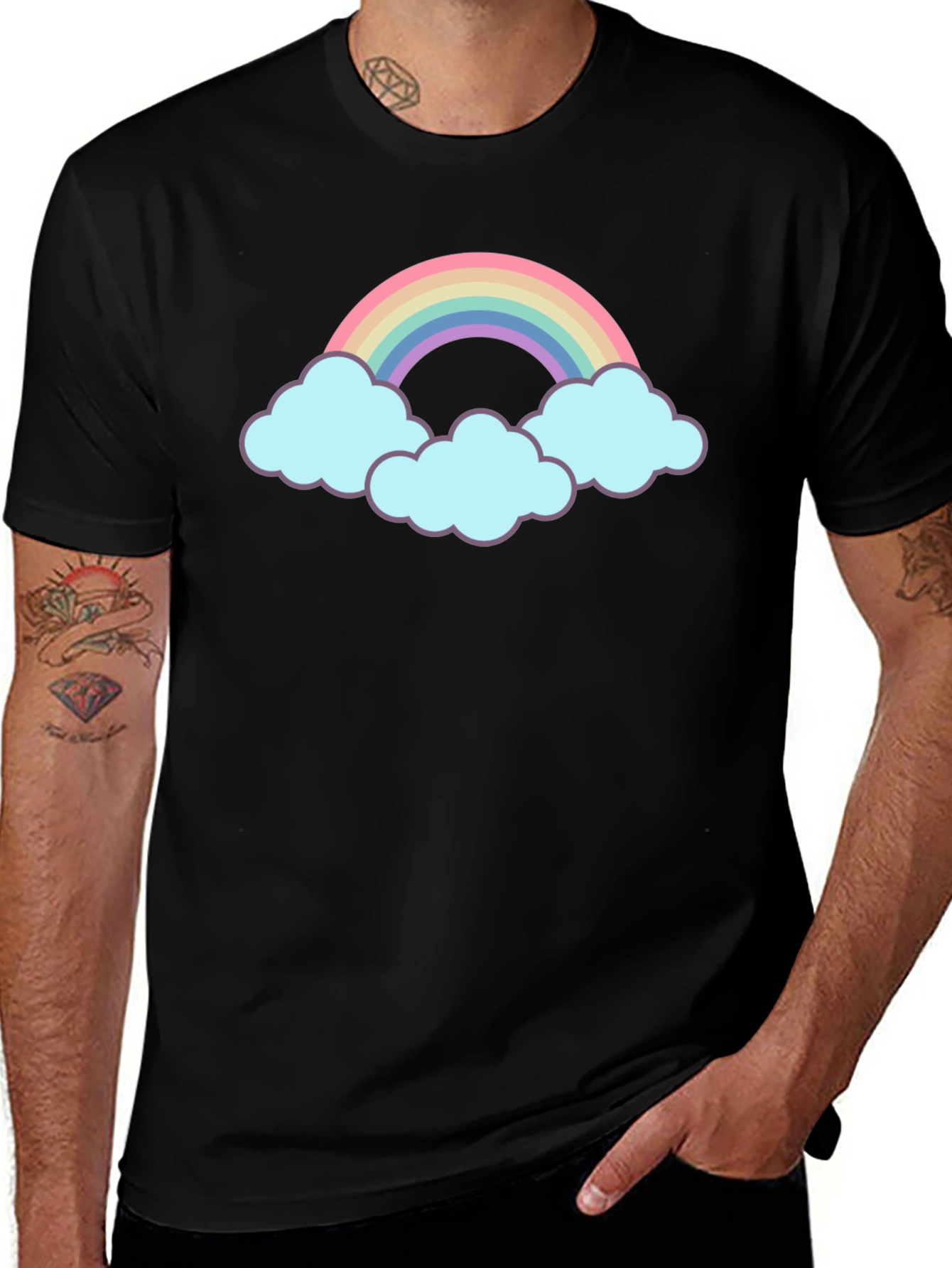Variant 15 of Rainbow and Clouds Graphic Black T-Shirt