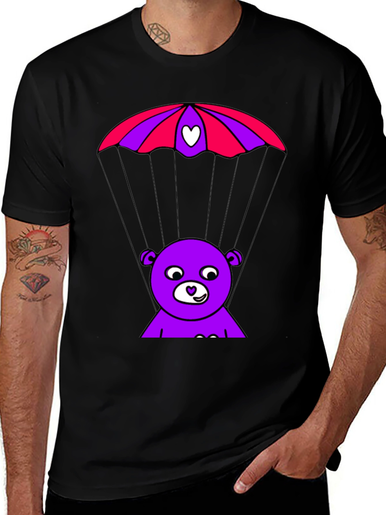 Variant 4 of Cute Bear Parachute Graphic Tee - Black Cotton Shirt