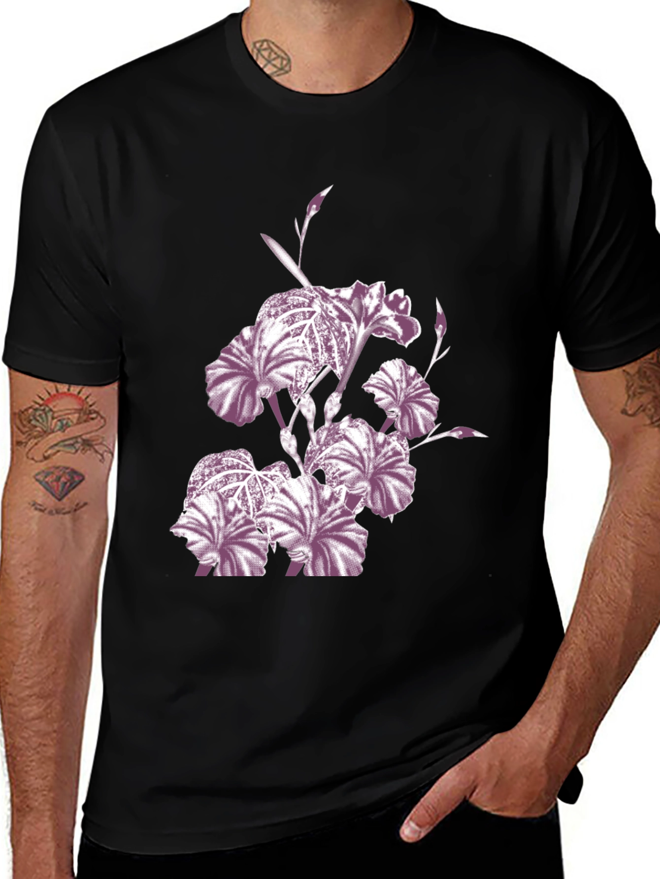 Variant 8 of Floral Iris Print Black Crew Neck T-Shirt