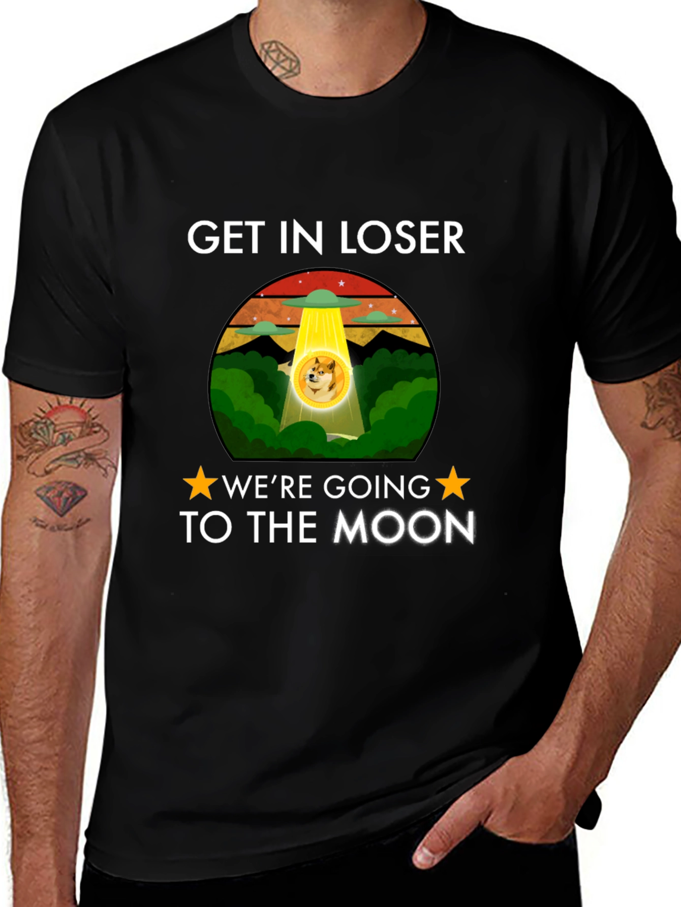 Get In Loser We're Going to the Moon Doge Meme Black T-Shirt