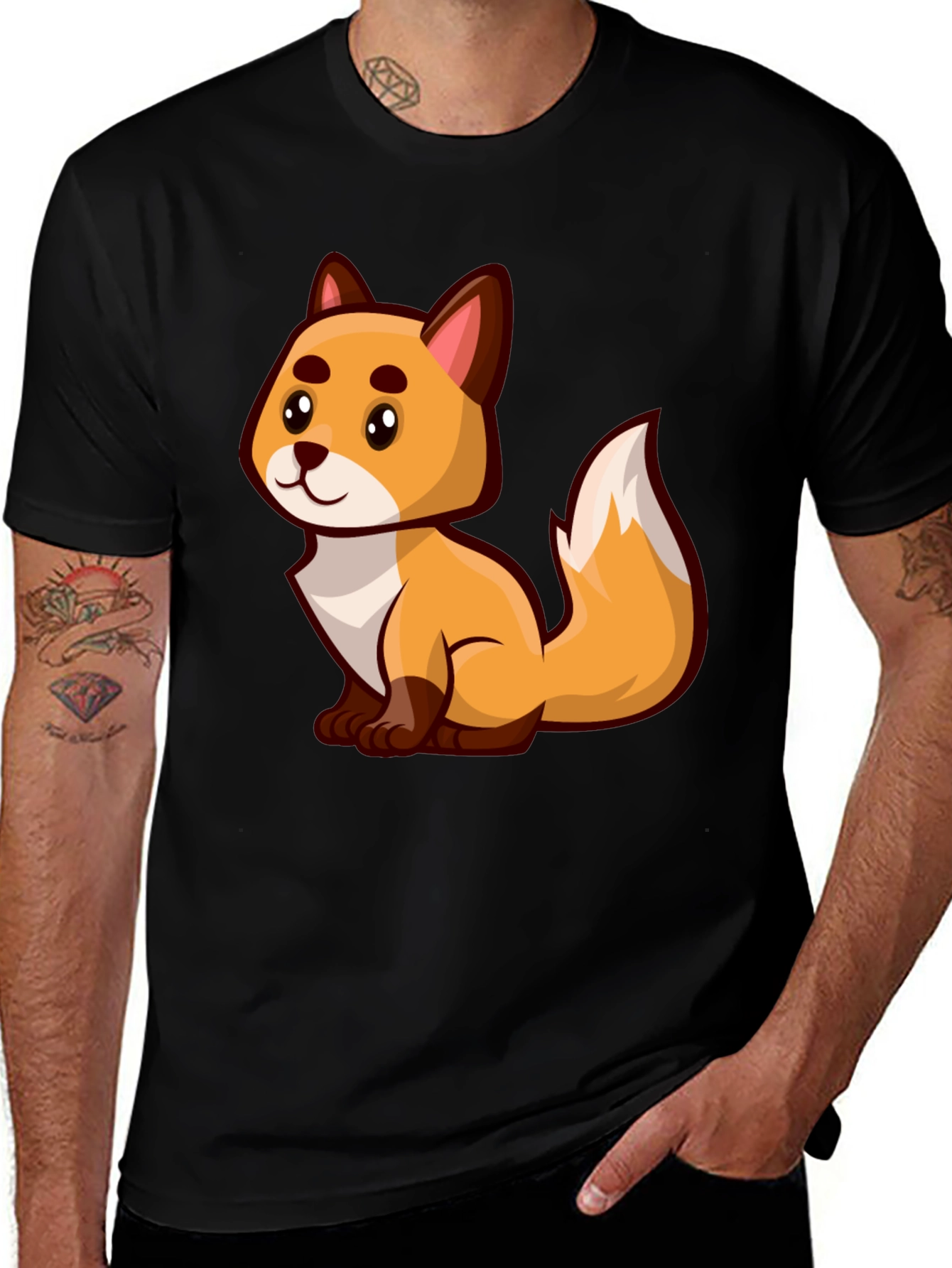 Variant 18 of Cartoon Fox Graphic Tee - Black Crew Neck