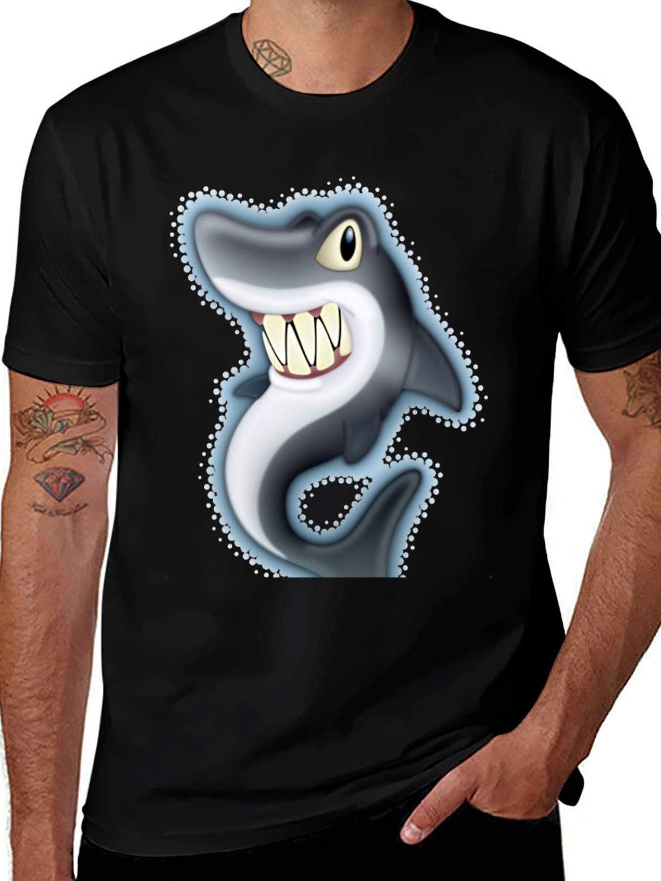 Variant 12 of Cartoon Shark Graphic Tee - Men's Black Cotton T-Shirt