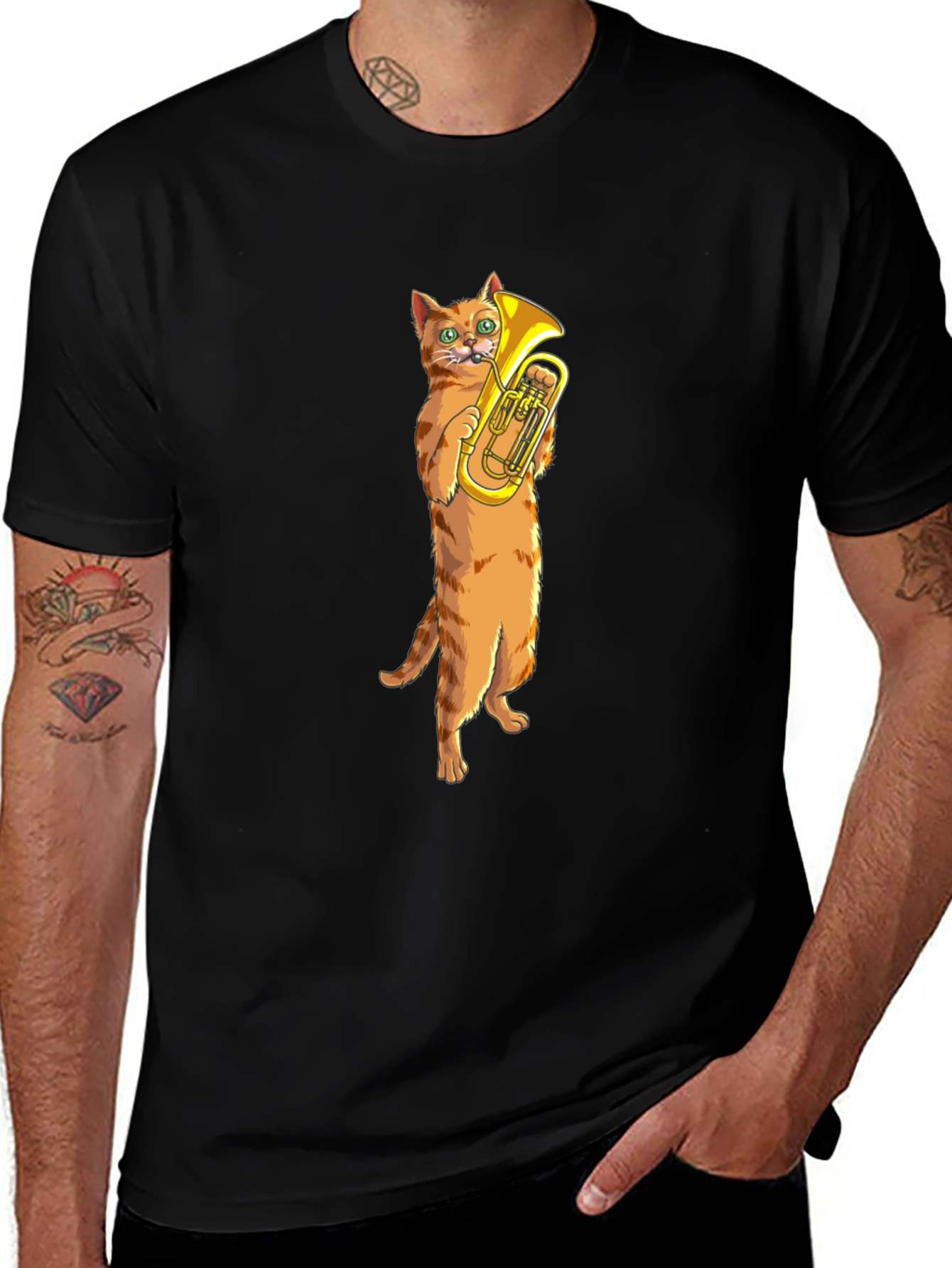 Black Cat Tuba Player Black T-Shirt main image