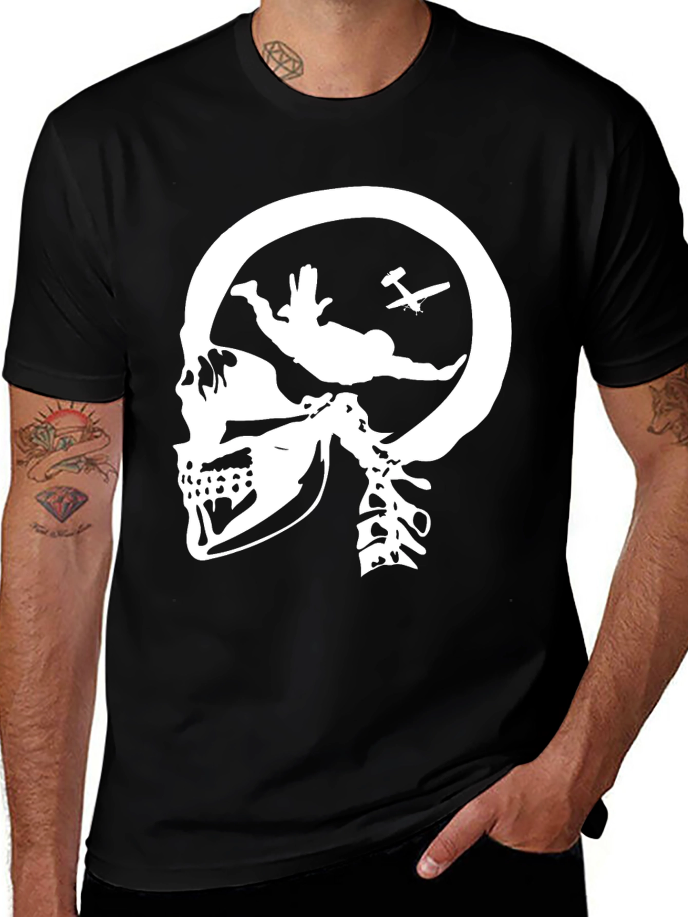 Variant 21 of Skull Skydiving T-Shirt - Black Graphic Tee