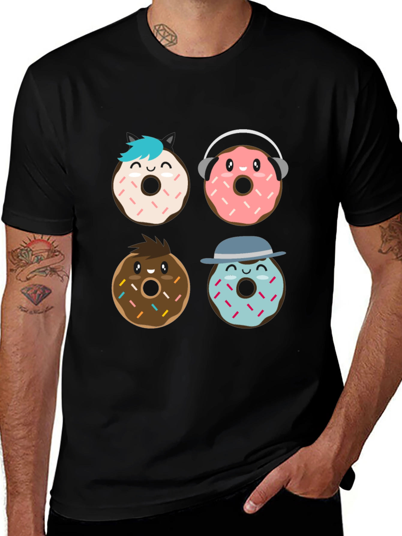 Black Donut Cartoon Graphic Black T-Shirt main image
