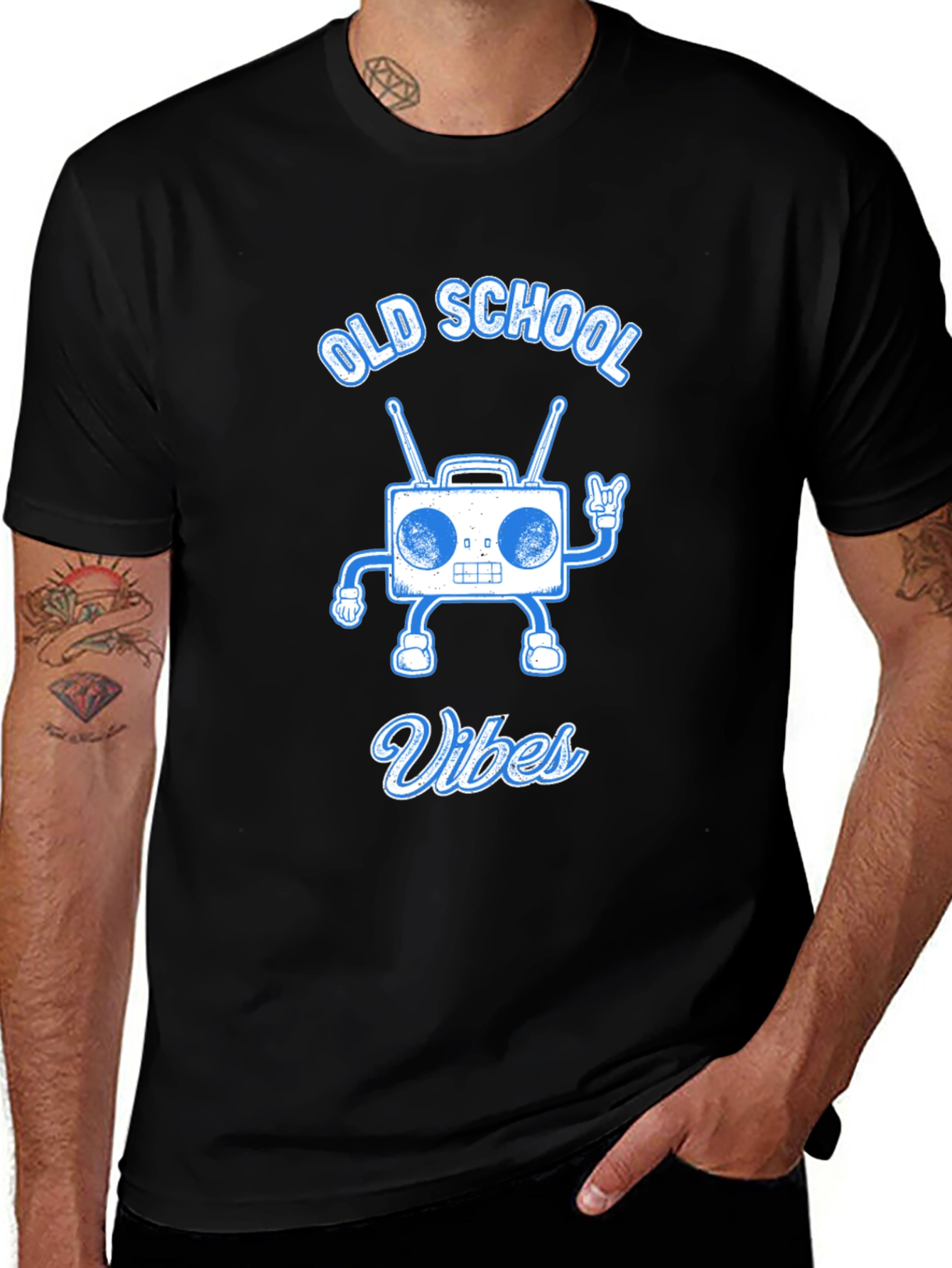 Black Old School Vibes Graphic Tee - Retro Radio Design main image