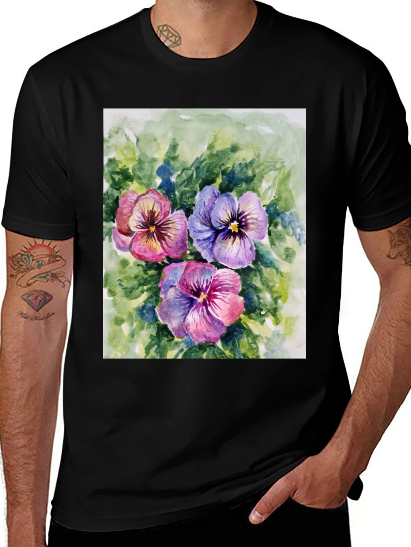 Variant 9 of Floral Pansy Print Black T-Shirt