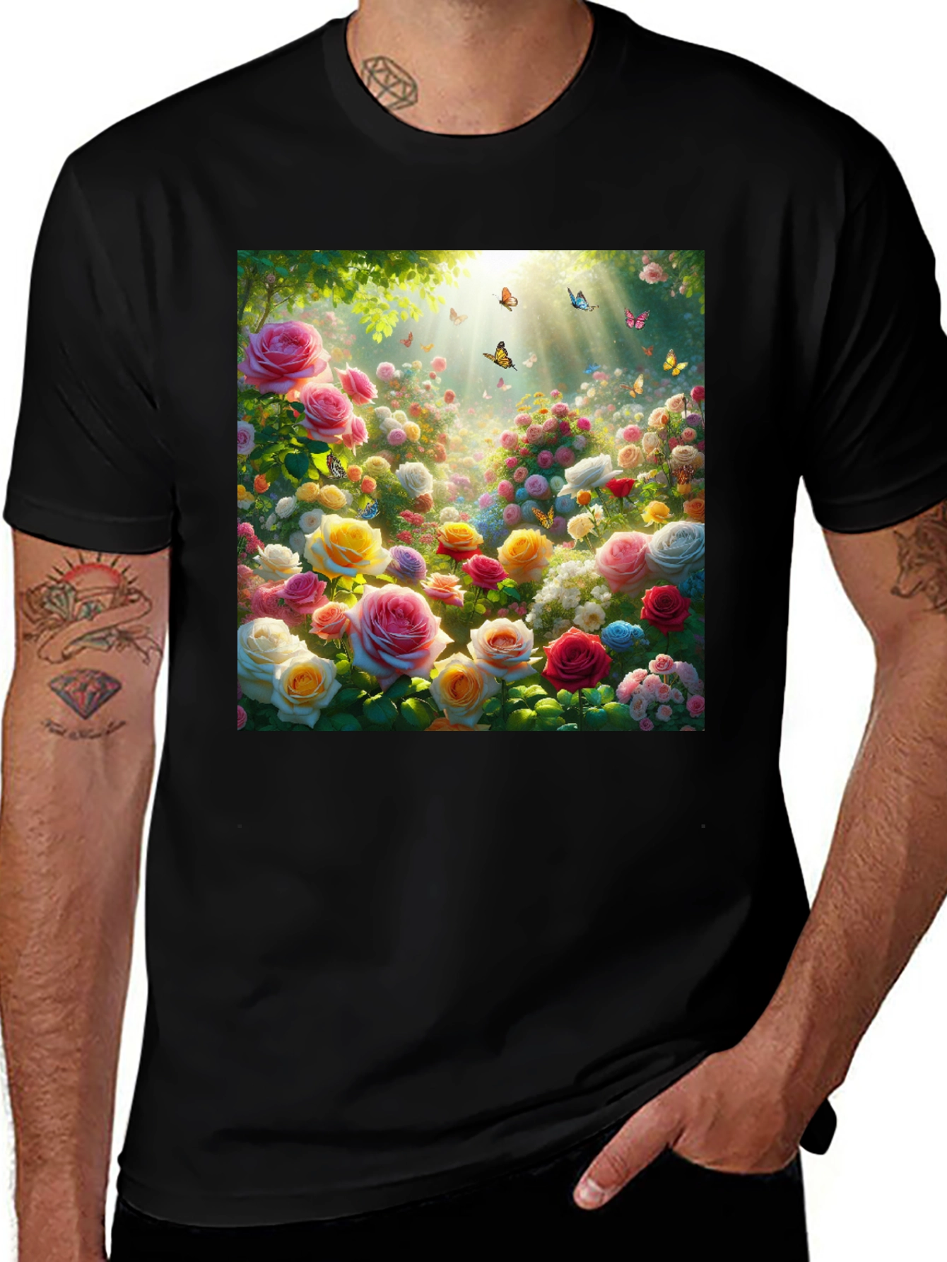 Variant 12 of Floral Garden T-Shirt - Roses & Butterflies
