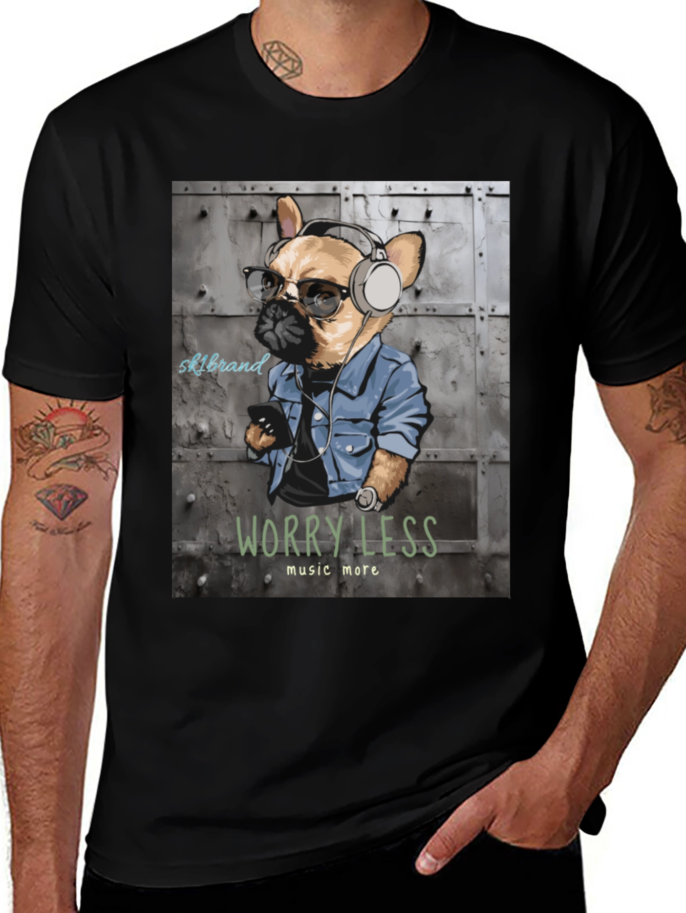 Variant 24 of Cool Bulldog Graphic Tee - Worry Less, Music More!