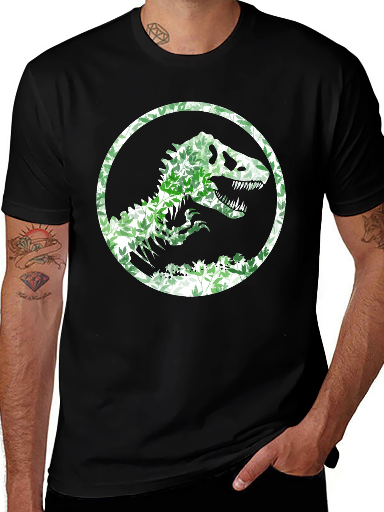 Jurassic Park Leaf Print Black T-Shirt