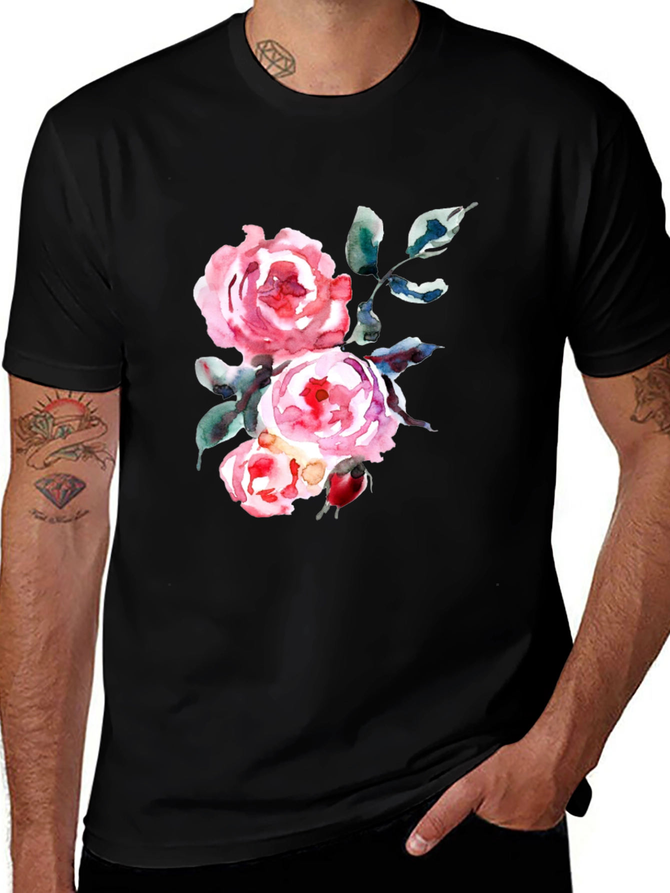 Variant 19 of Floral Watercolor Print Black T-Shirt