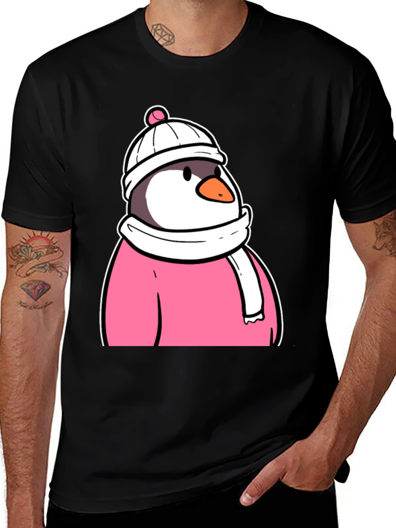 Variant 27 of Cartoon Goose in Hat & Scarf Black T-Shirt
