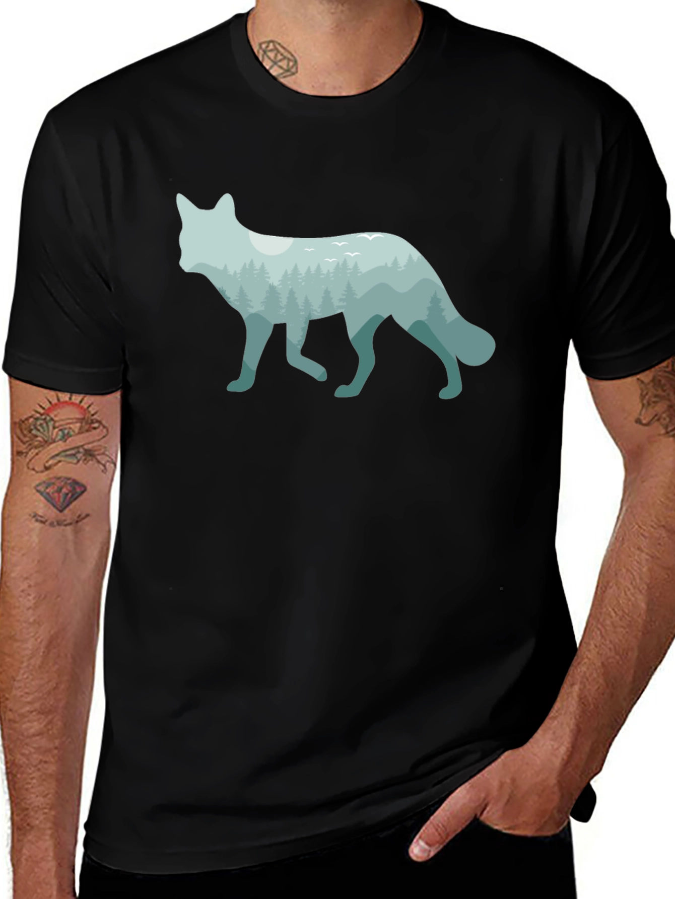 Variant 6 of Nature Wolf Graphic Tee - Black Cotton Blend