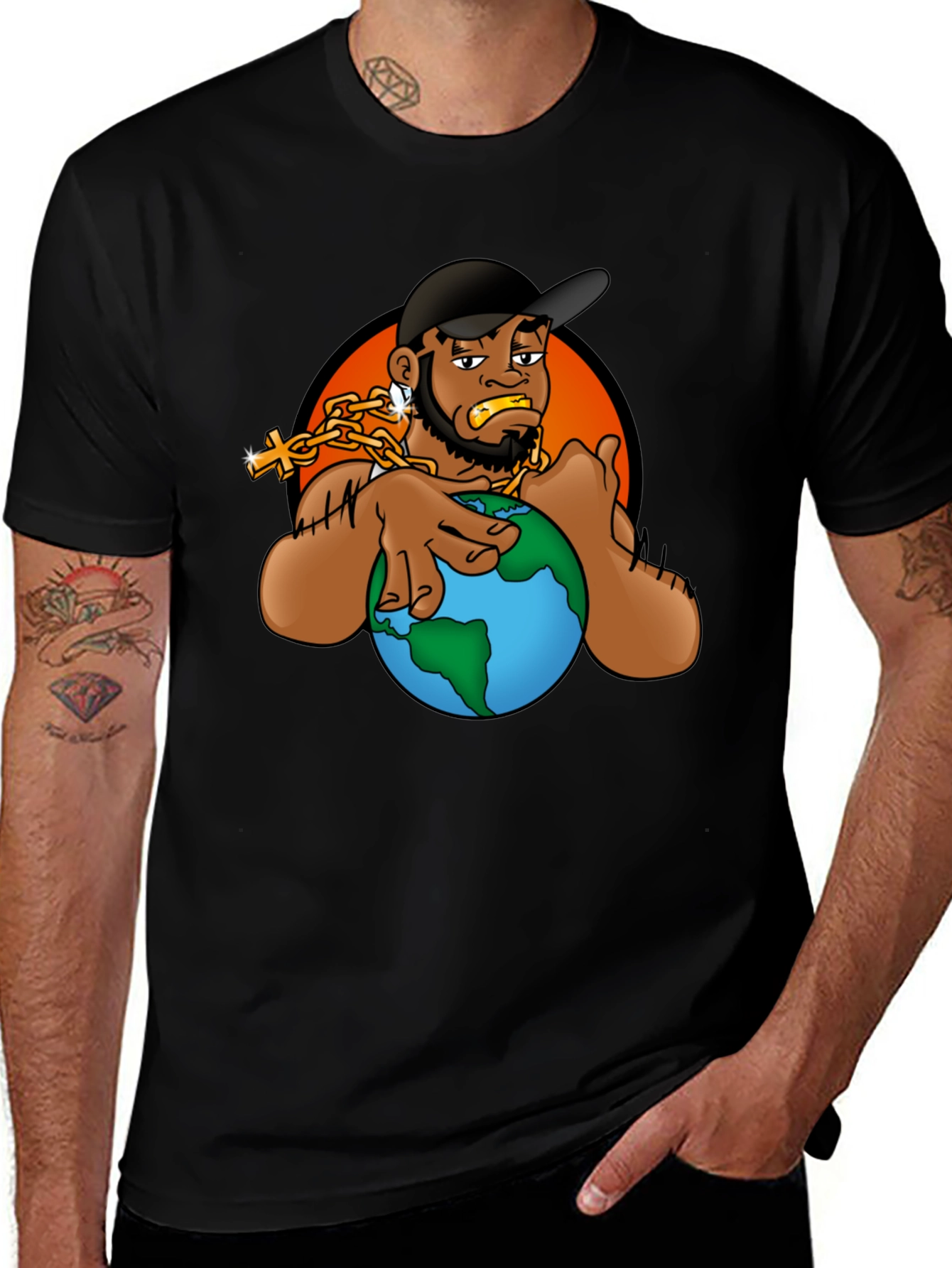 Variant 11 of Cartoon Graphic T-Shirt - Man Holding Globe