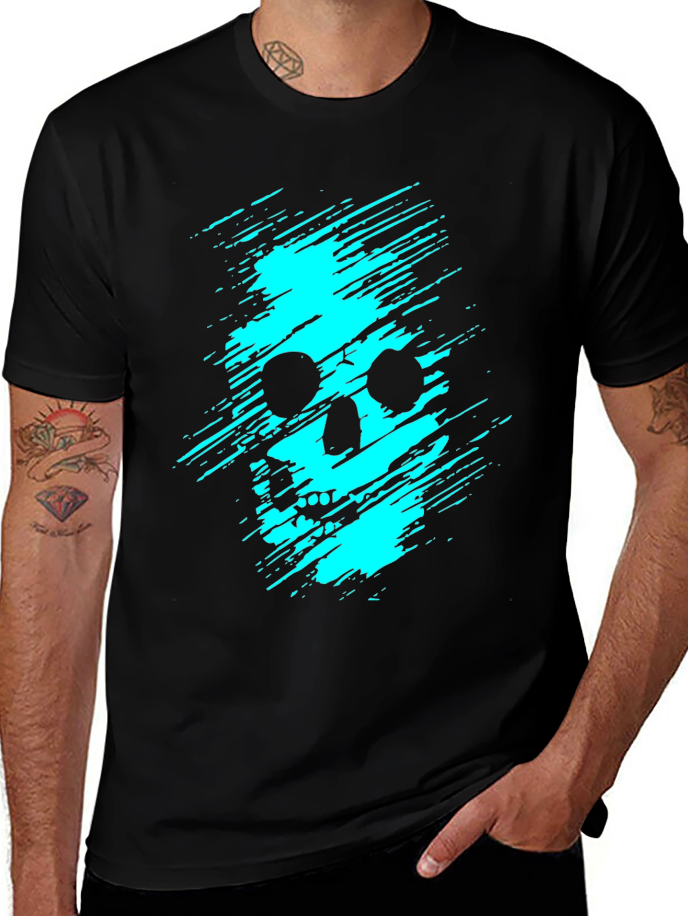 Variant 27 of Edgy Skull Graphic Tee - Cyan on Black