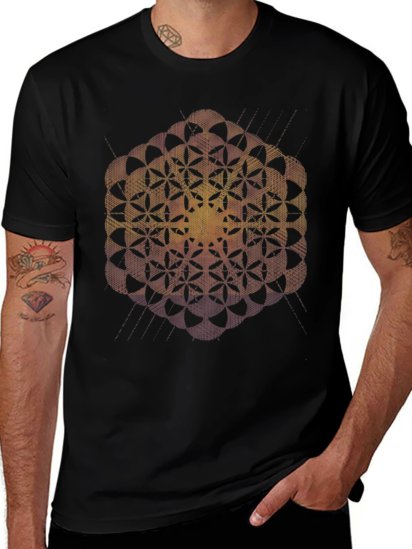 Variant 2 of Geometric Flower of Life Black T-Shirt