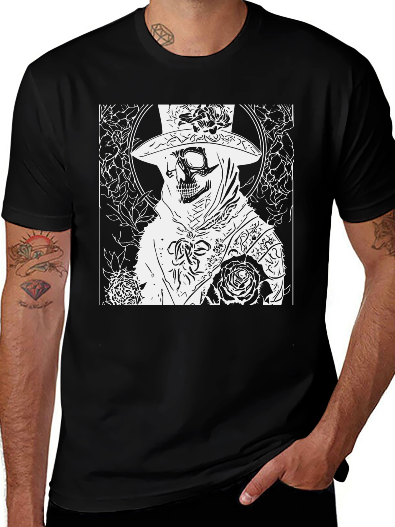 Variant 25 of Black T-Shirt with Skull & Roses Graphic