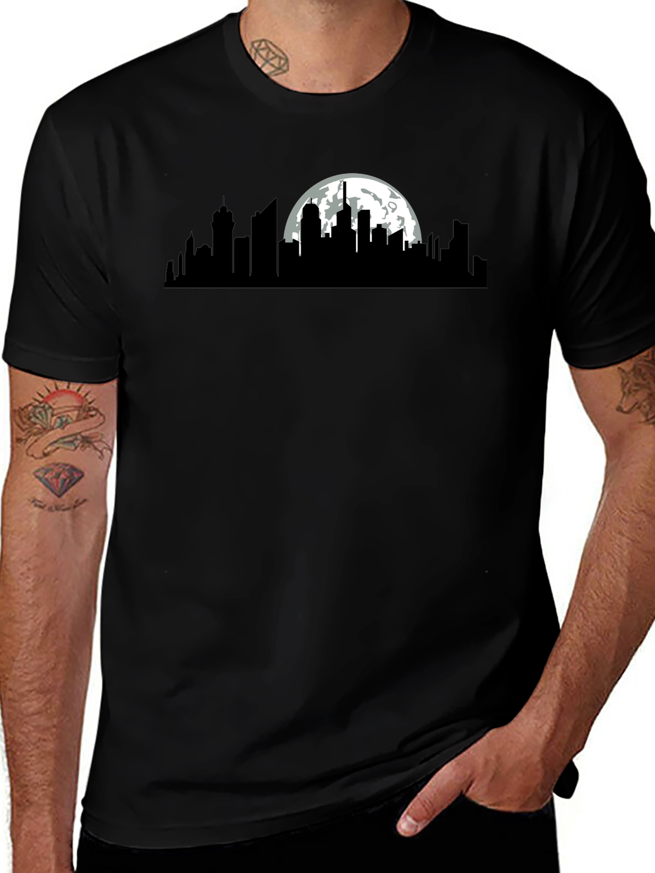 Variant 19 of Cityscape Moon Graphic Black T-Shirt