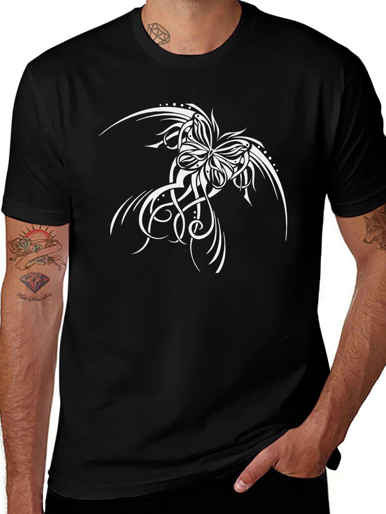 Black T-Shirt with Butterfly Tattoo Design
