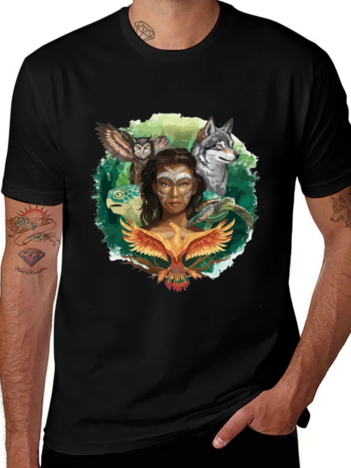 Variant 8 of Native Spirit T-Shirt - Owl, Wolf, Turtle, Phoenix Design