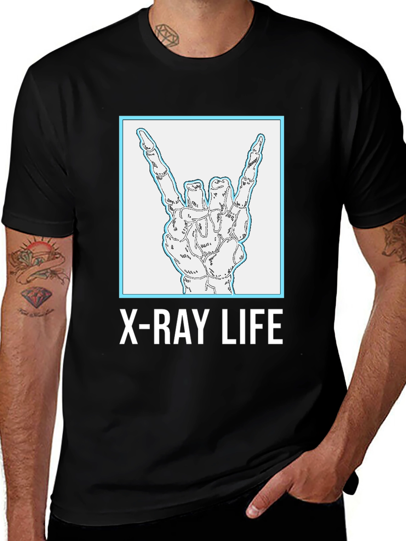 Variant 6 of X-Ray Life Skeleton Hand T-Shirt - Rock On!