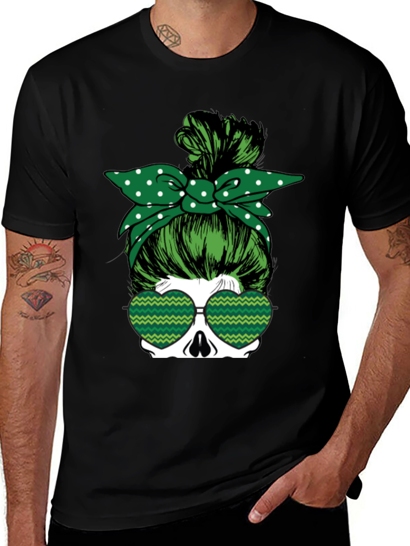 Variant 7 of St. Patrick's Day Messy Bun Skull Graphic Tee