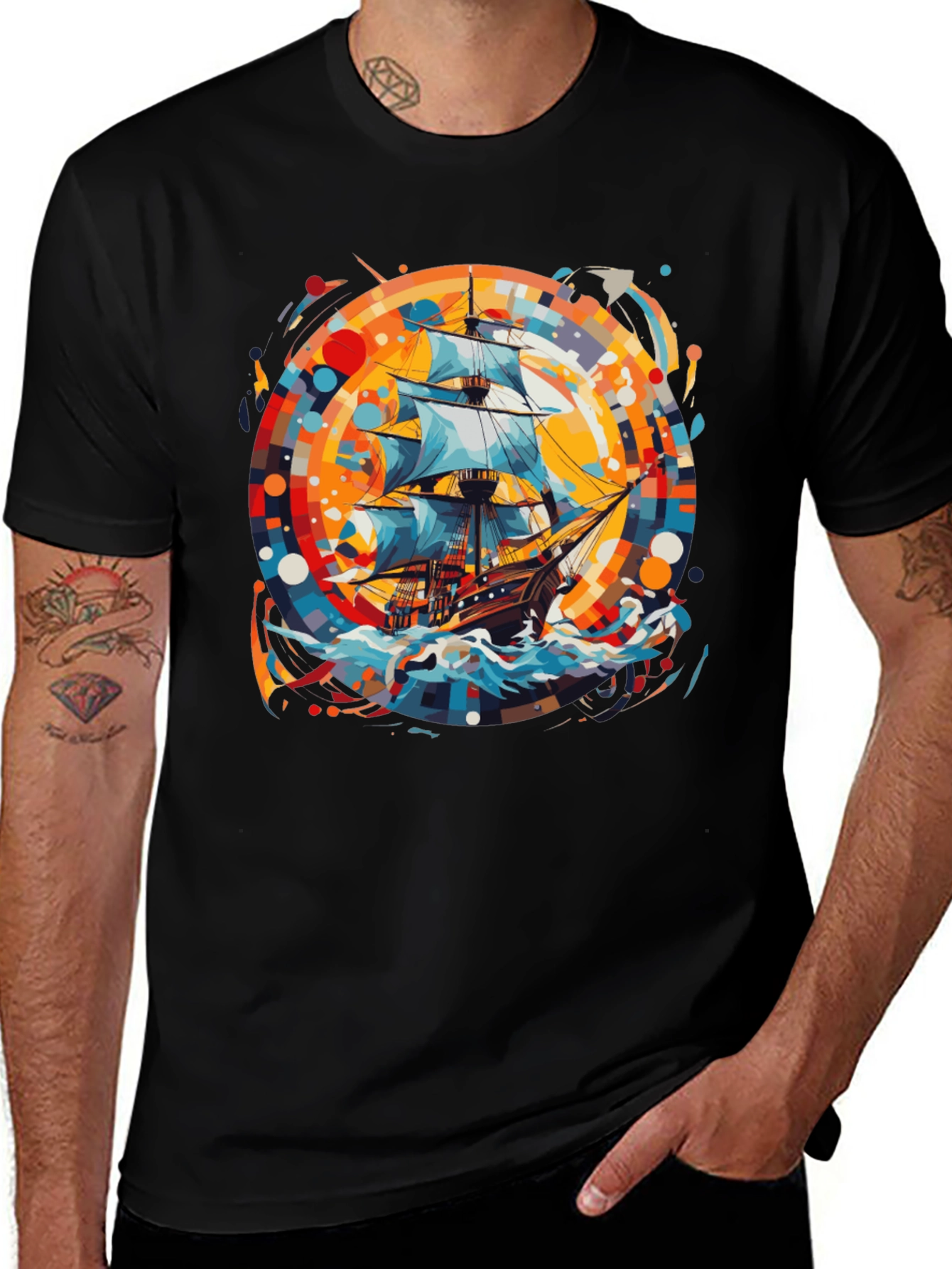 Black Nautical Adventure Tee: Ship Graphic Black Cotton Shirt main image
