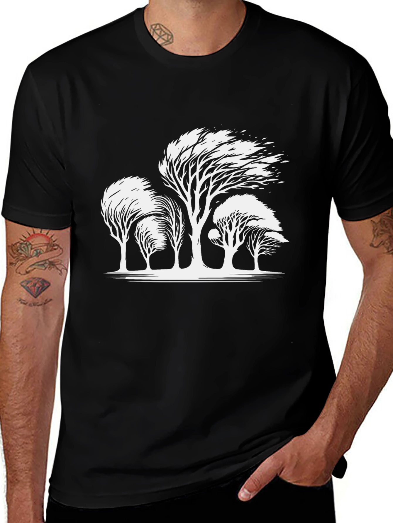 Variant 10 of Men's Black T-shirt with White Trees Design