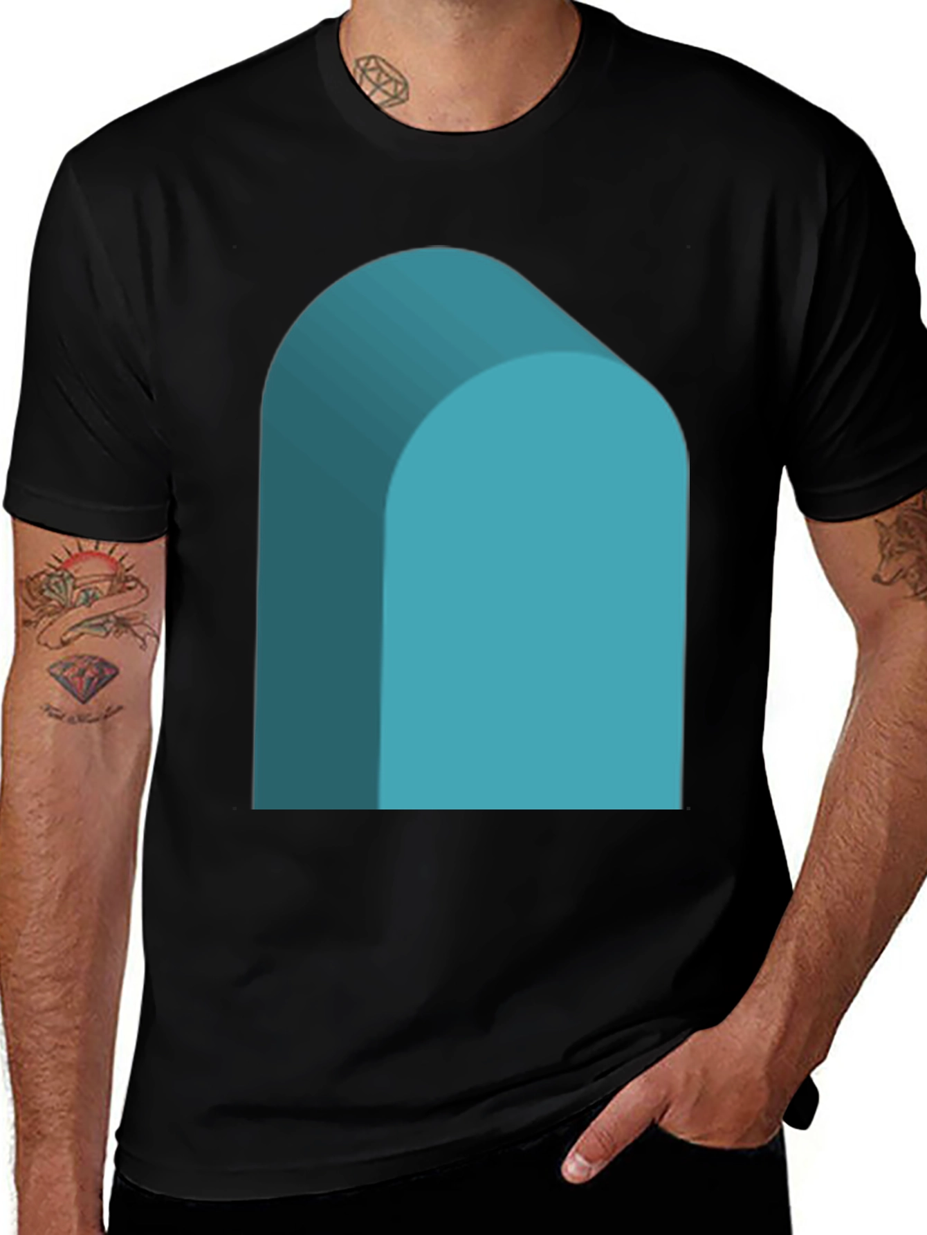 Variant 16 of Men's Black Tee with Abstract Blue Arch Design