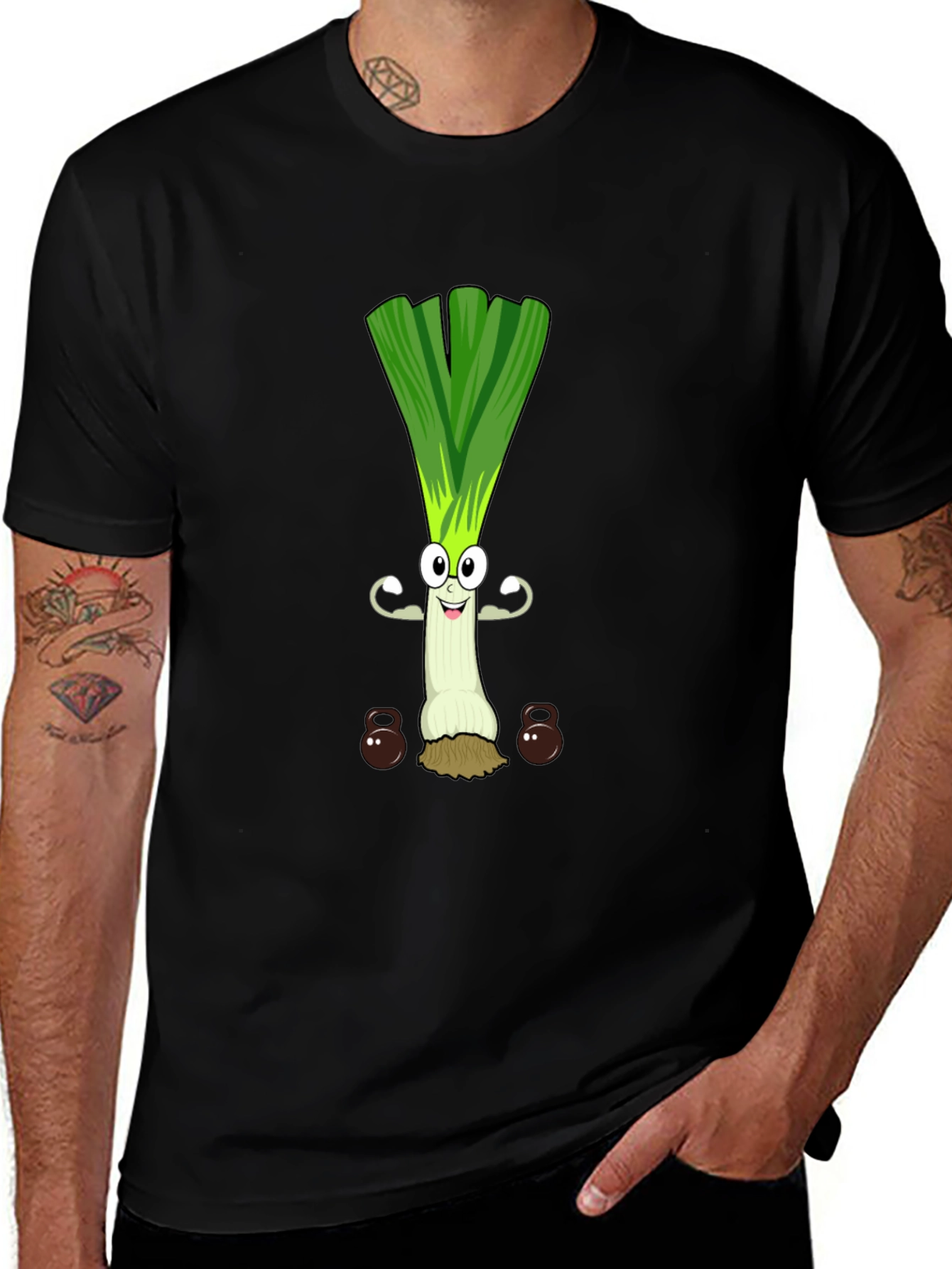 Variant 22 of Funny Leek Lifting Weights Cartoon Graphic Tee