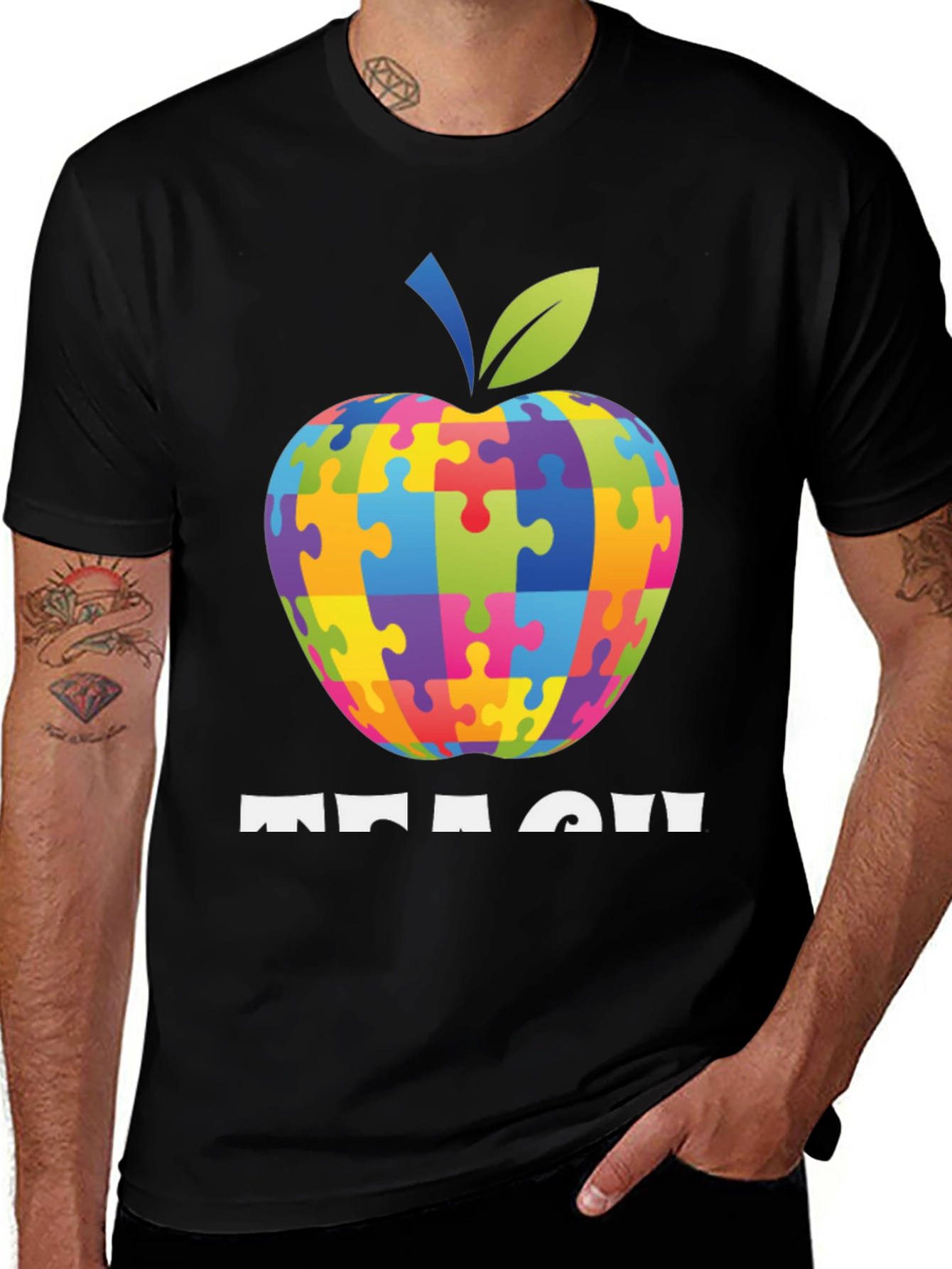 Autism Awareness Teacher T-Shirt: Apple Puzzle Design