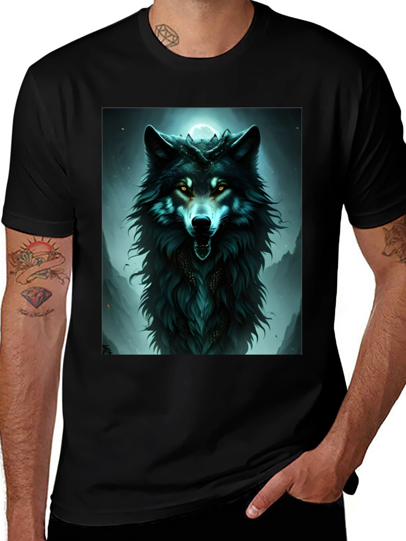 Black Mystic Wolf Graphic Tee - Black Cotton Comfort main image