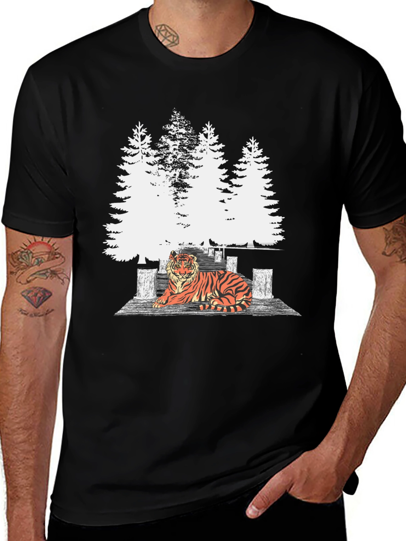 Variant 22 of Tiger Pine Tree Graphic T-Shirt - Men's Black Tee