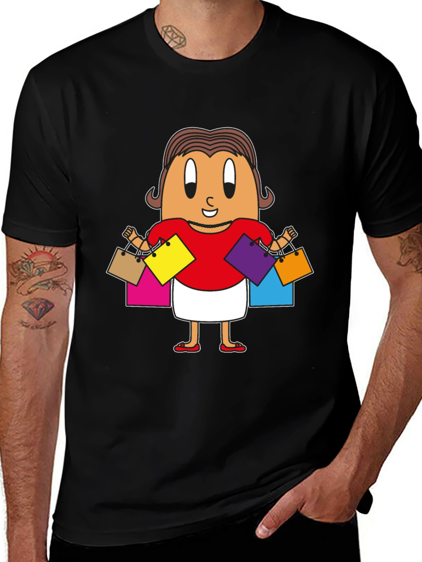 Variant 5 of Funny Shopping Egg Lady Black T-Shirt