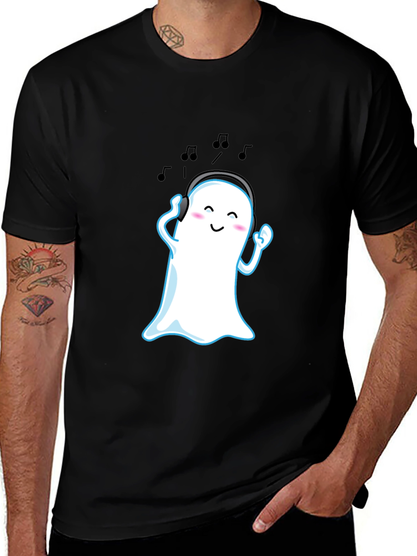Variant 6 of Cute Ghost with Headphones Black T-Shirt