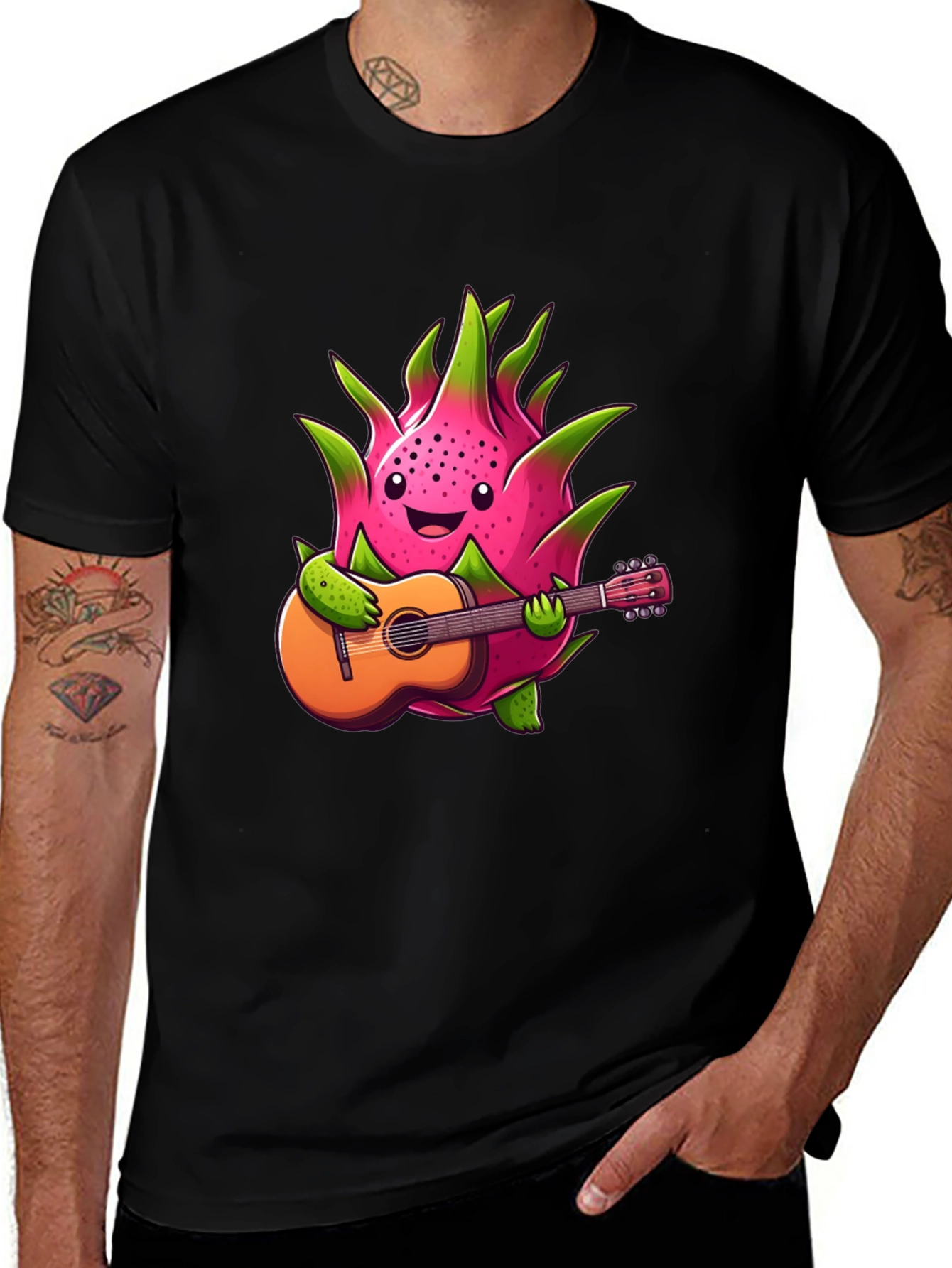 Variant 8 of Cartoon Dragon Fruit Guitar Player Black T-Shirt