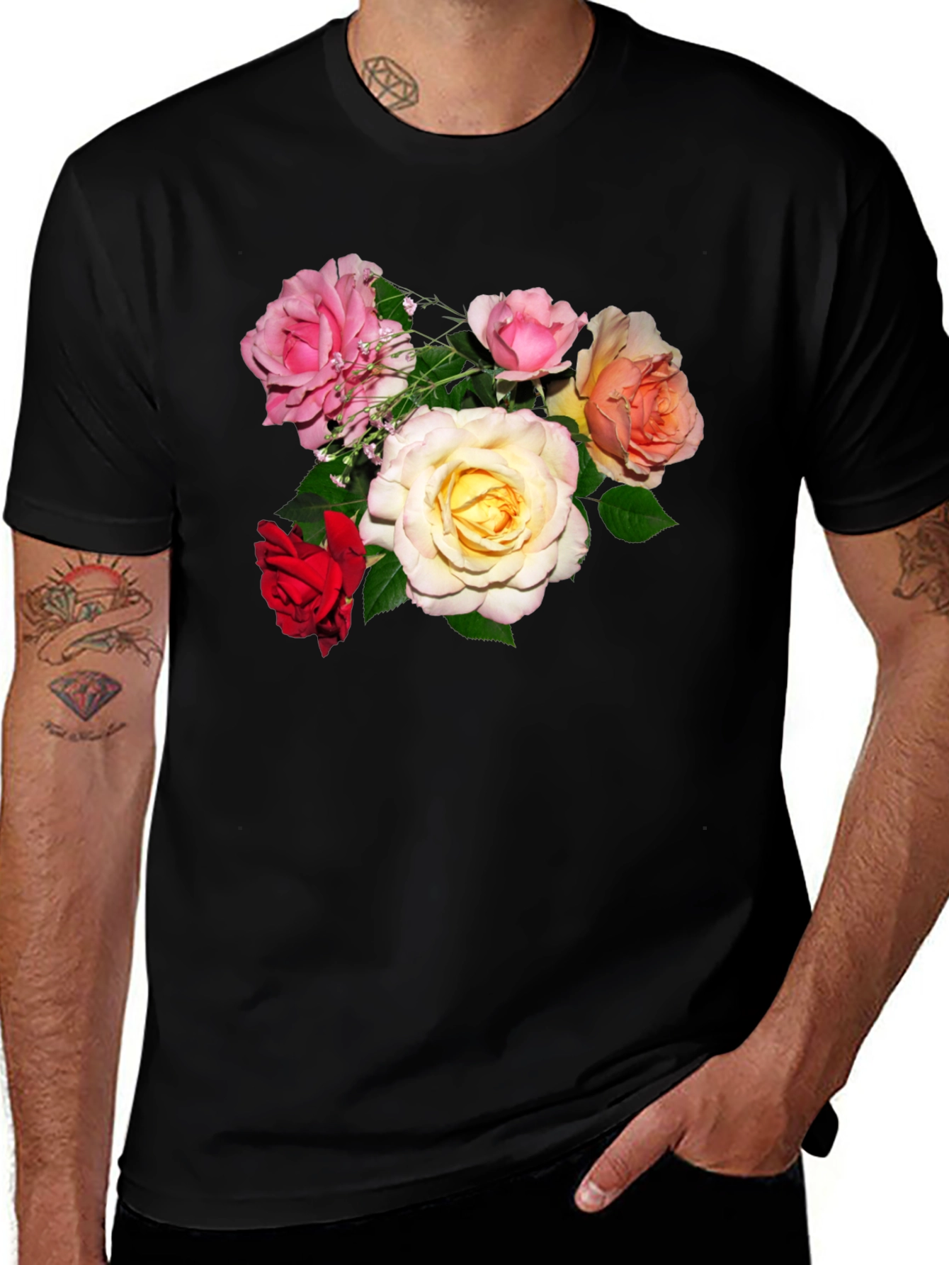 Variant 10 of Floral Print Men's Black T-Shirt