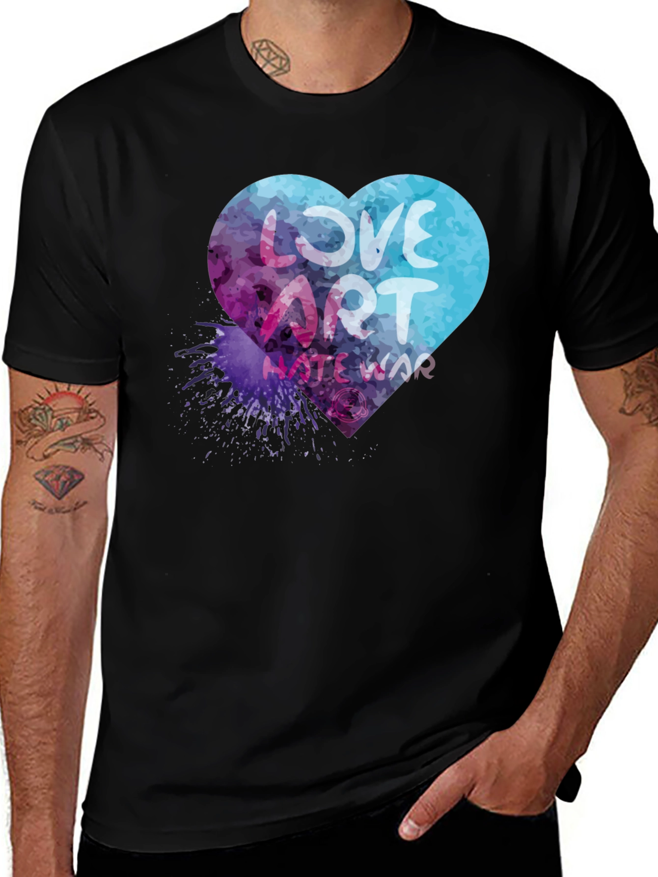 Variant 2 of Love Art Hate War Graphic Tee - Black Cotton Casual T-Shirt